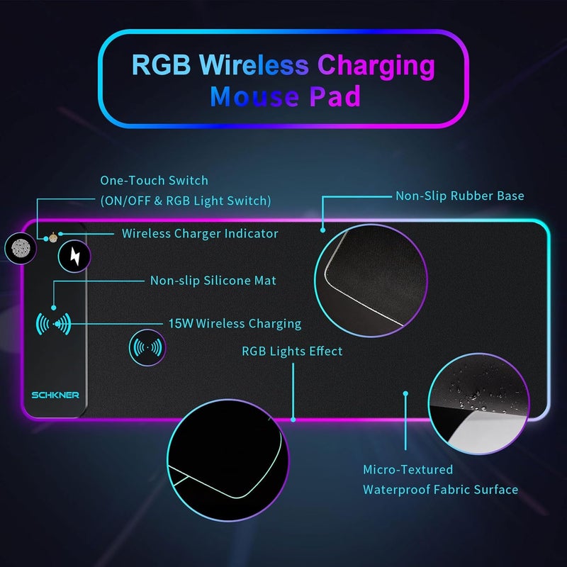 Schkner RGB Gaming Mouse Pad with Wireless Charging 15W, Large Desk Mat 800x300x4mm, 10 Light Modes Keyboard Pad with Non-Slip Rubber Base, Waterproof Mousepad for Gaming PC MacBook Laptop - Image 2